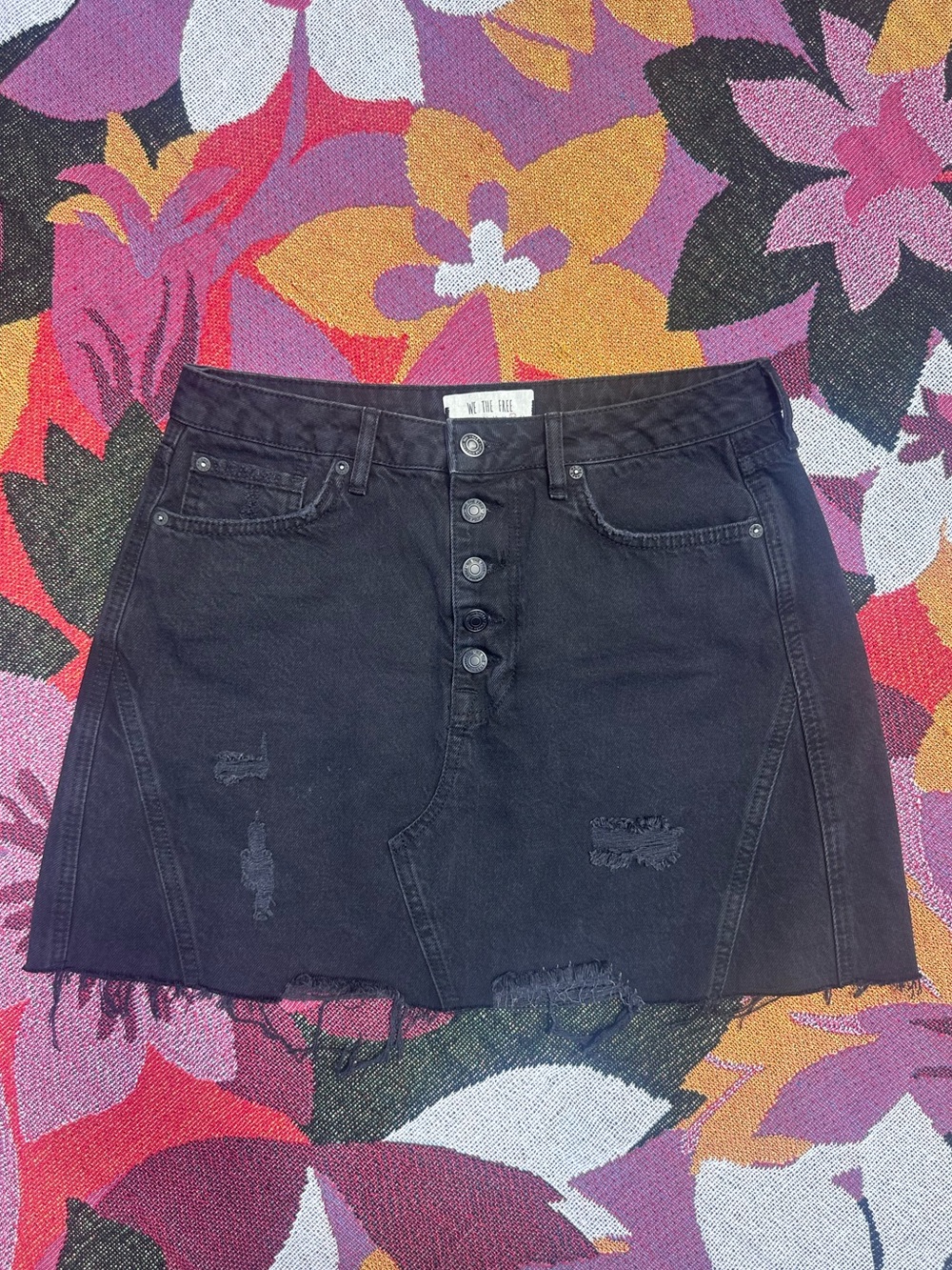 We The Free Black Distressed Button-Front Mini Skirt